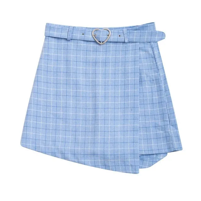 2019 Korean Fashion Women Summer A-line Skirts Female Plaid Slim Sashe Above Knee Mini Skirts Empire Chiffon Shorts Skirts