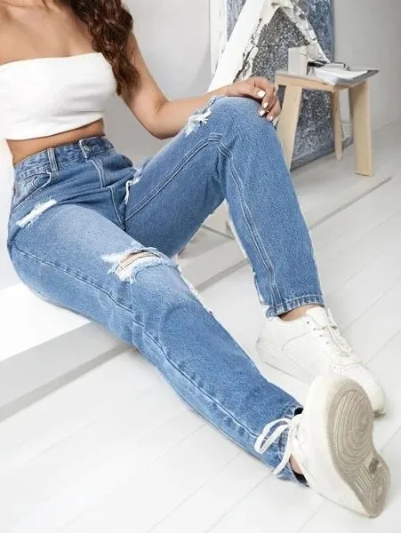 2024 trendy women's ripped denim wide leg pants