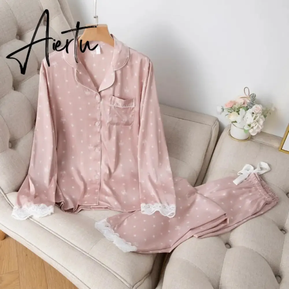 Aiertu Home Clothes Women's Summer Two Piece Suit Pajamas Ice Silk Satin Thin Outwear Print Lace Pyjamas Sleep Wear Lounge Set