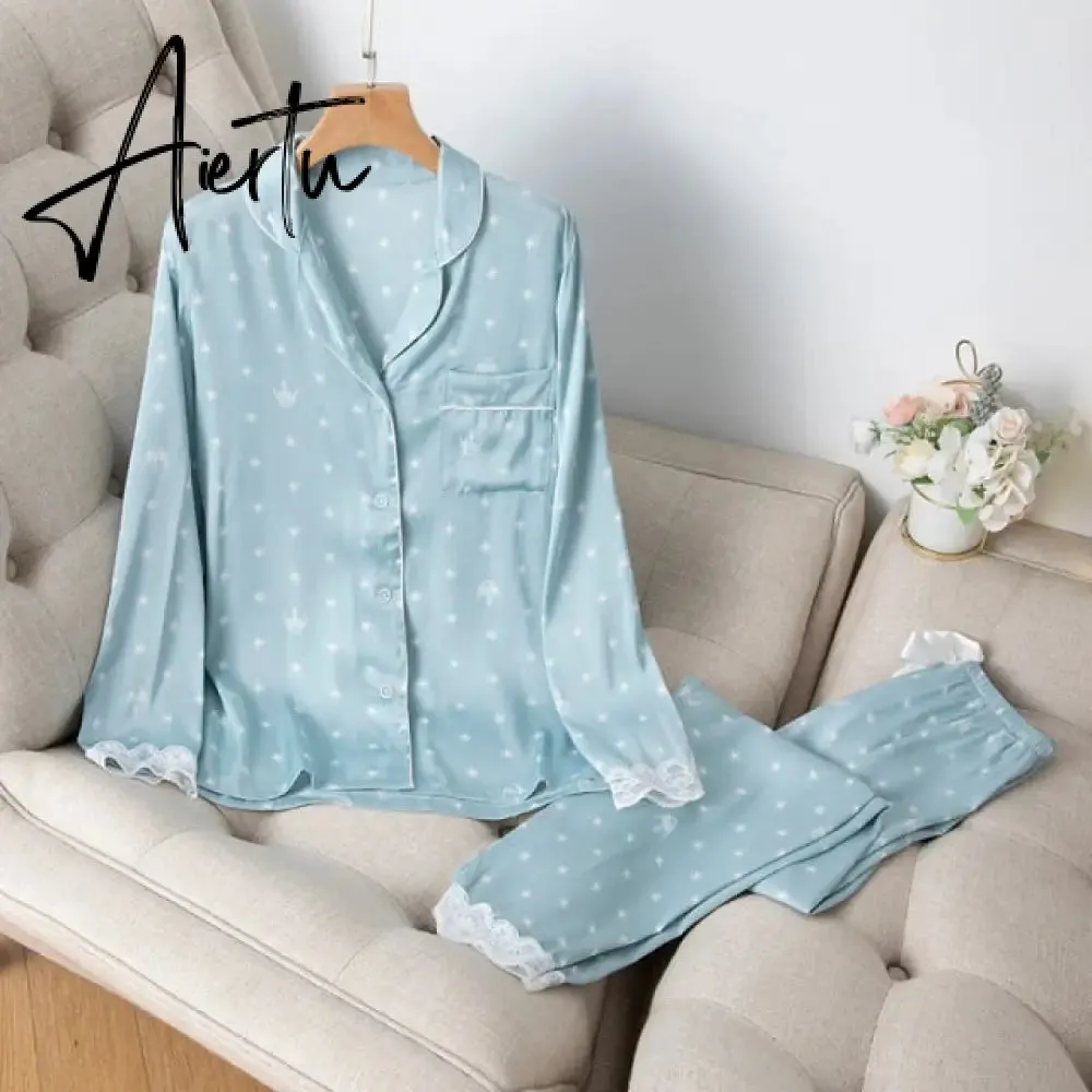 Aiertu Home Clothes Women's Summer Two Piece Suit Pajamas Ice Silk Satin Thin Outwear Print Lace Pyjamas Sleep Wear Lounge Set