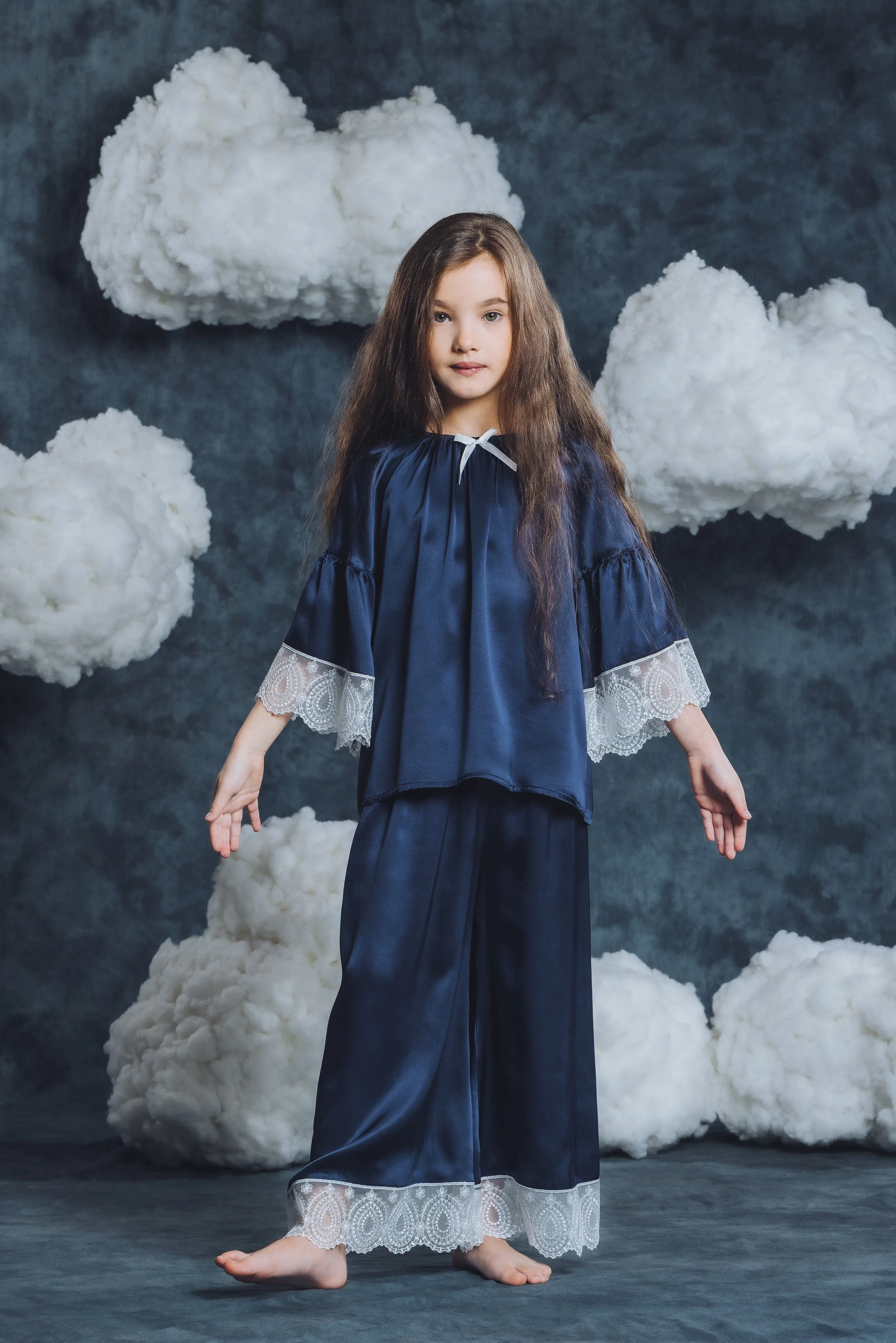 Amiki Children Girls Silk Adriana Pyjama Set in Navy