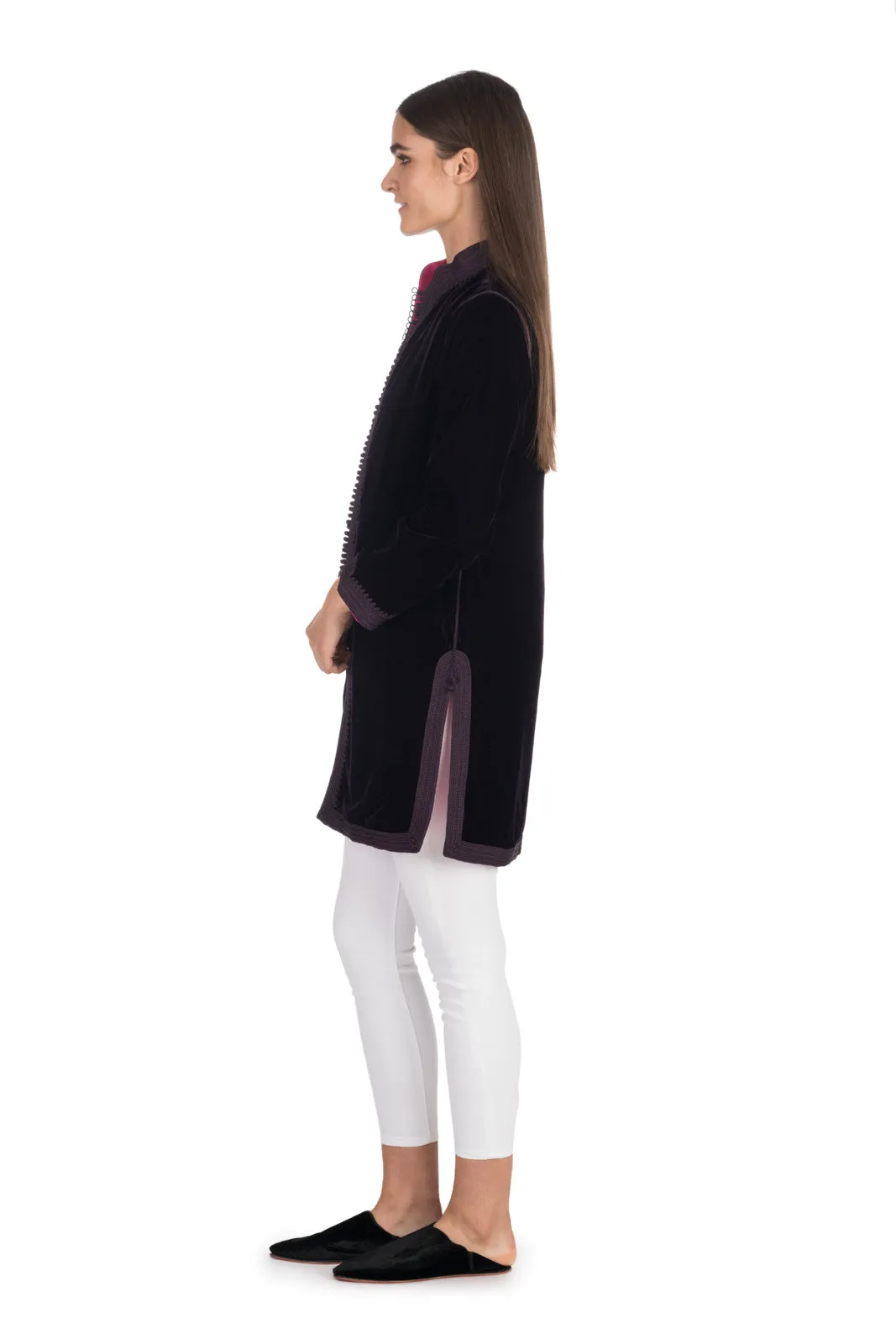 Aubergine Velvet Tunic Coat with Fuchsia Silk Lining