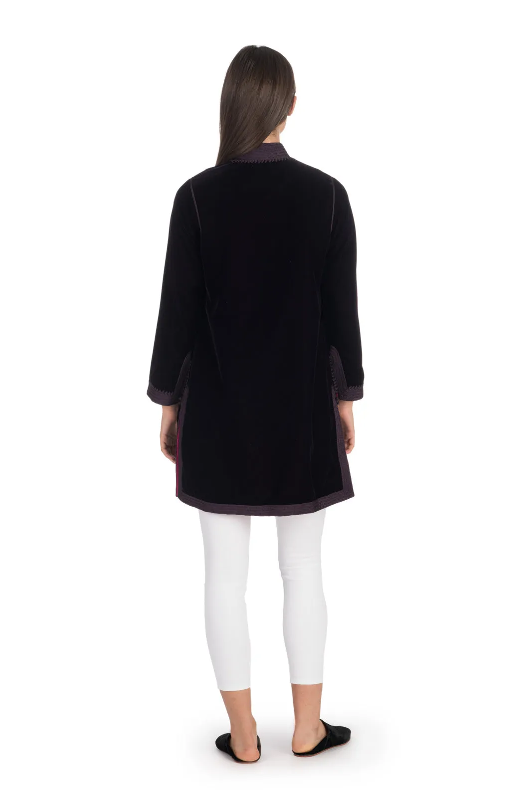 Aubergine Velvet Tunic Coat with Fuchsia Silk Lining