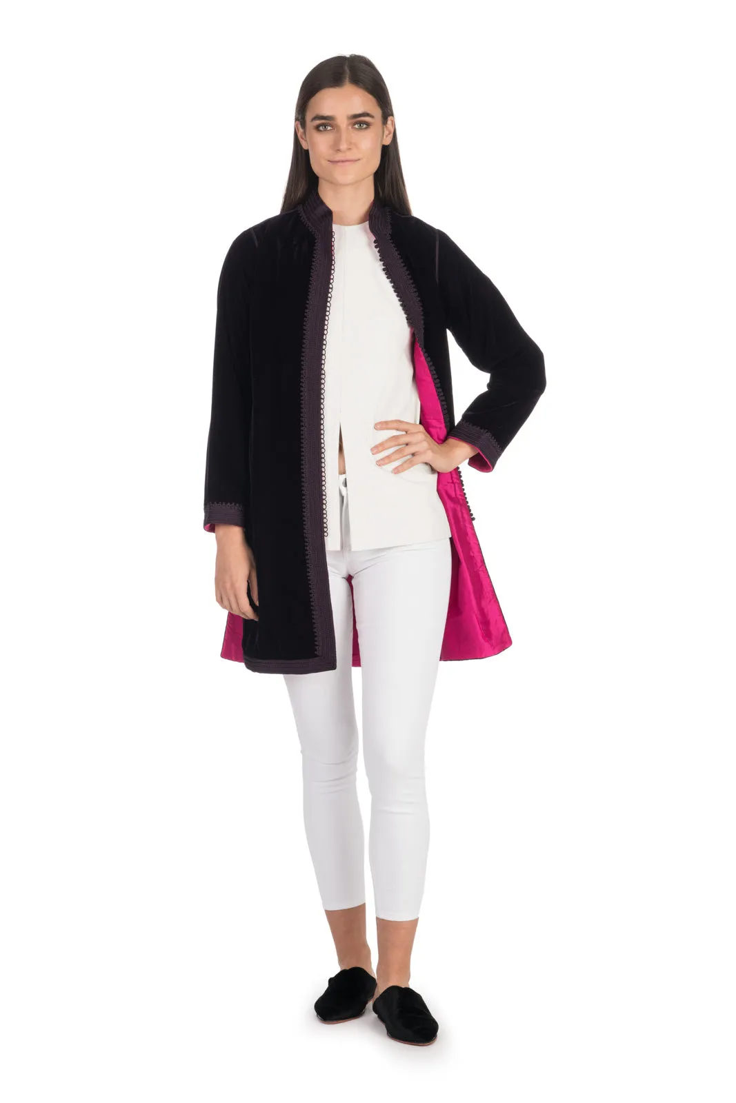 Aubergine Velvet Tunic Coat with Fuchsia Silk Lining