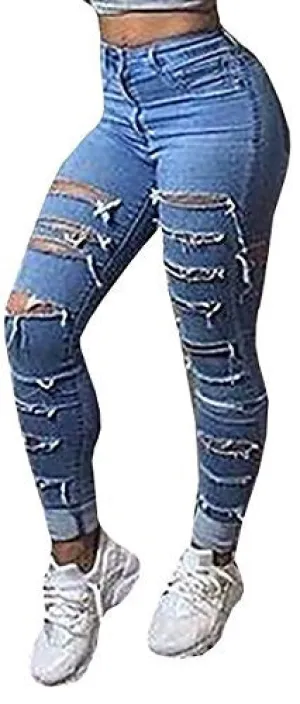 Baifern Women's Ripped Washed Hole Denim Long Jeans Blue Large