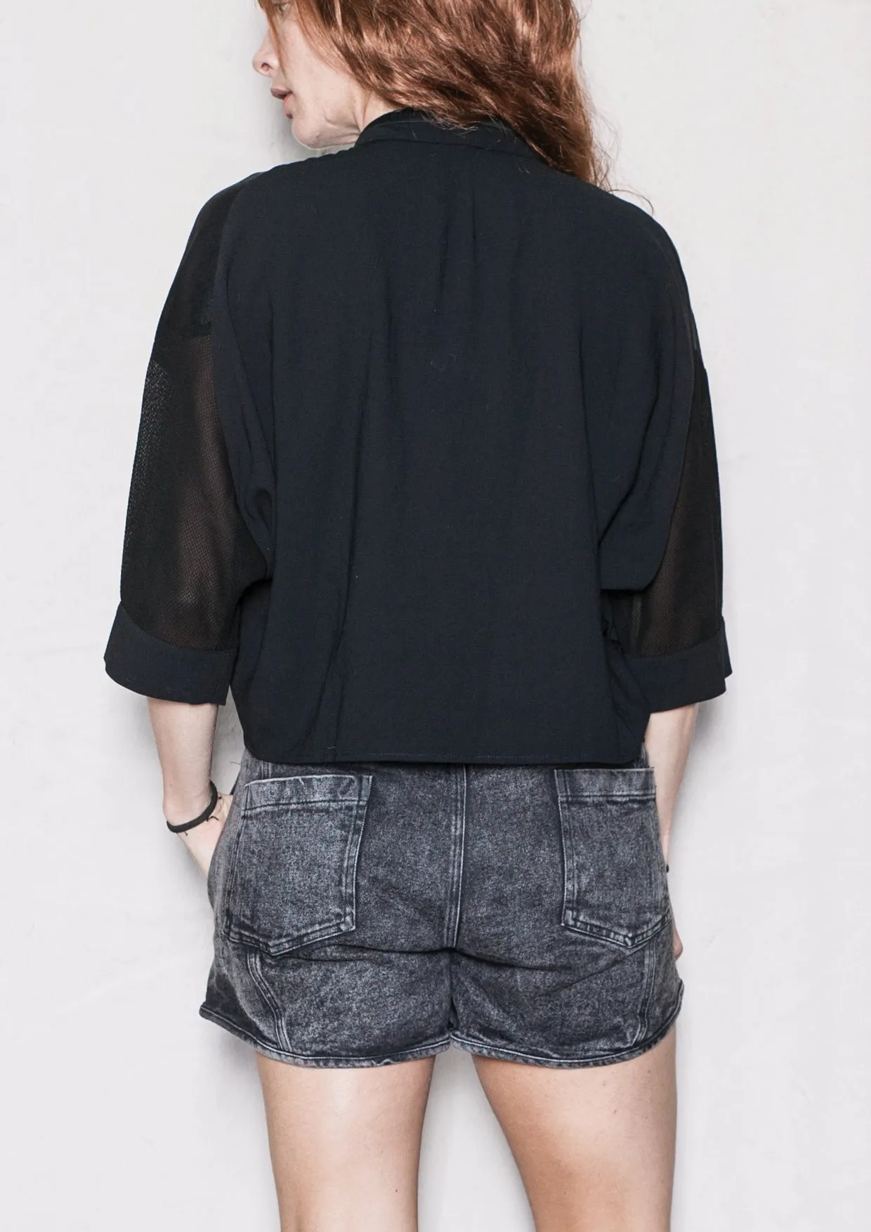 BLOUSE SHORT SLEEVES - SHINY/MESH black