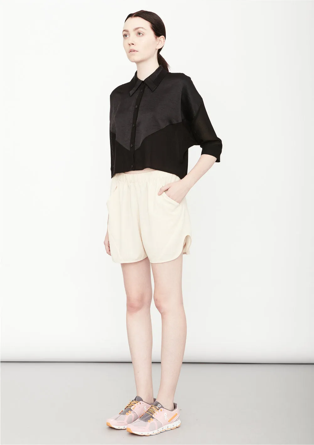 BLOUSE SHORT SLEEVES - SHINY/MESH black