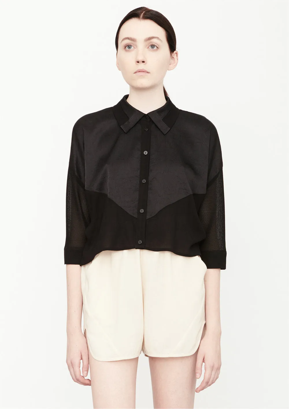 BLOUSE SHORT SLEEVES - SHINY/MESH black