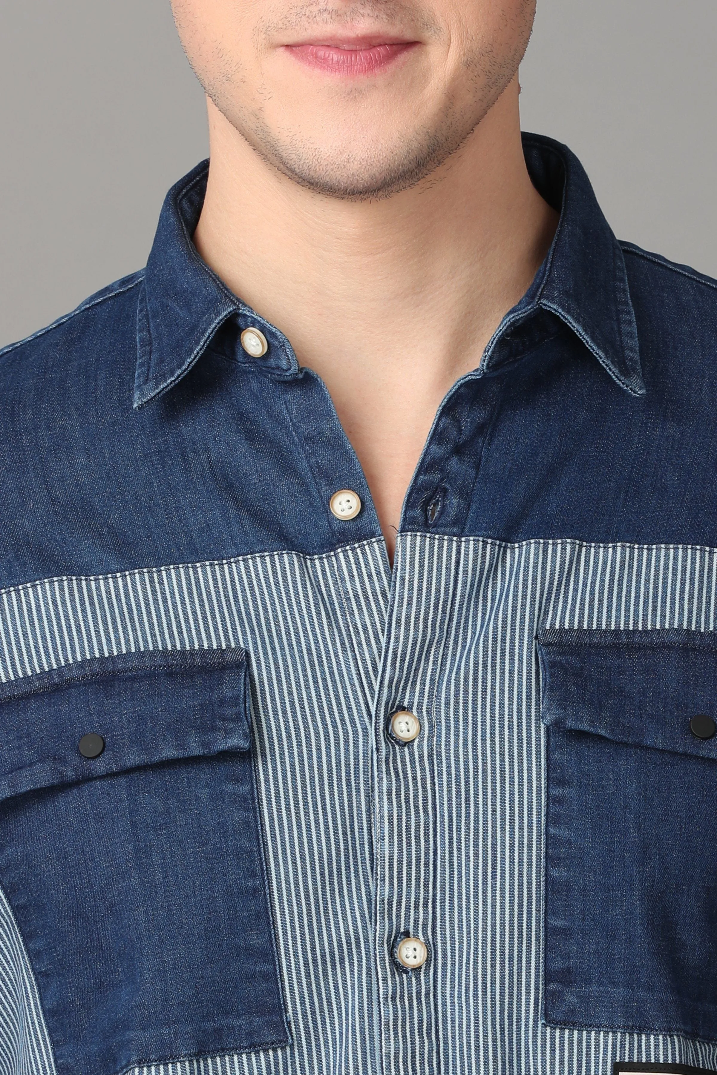 Blue and Grey Denim Shirt - Blue Pocket