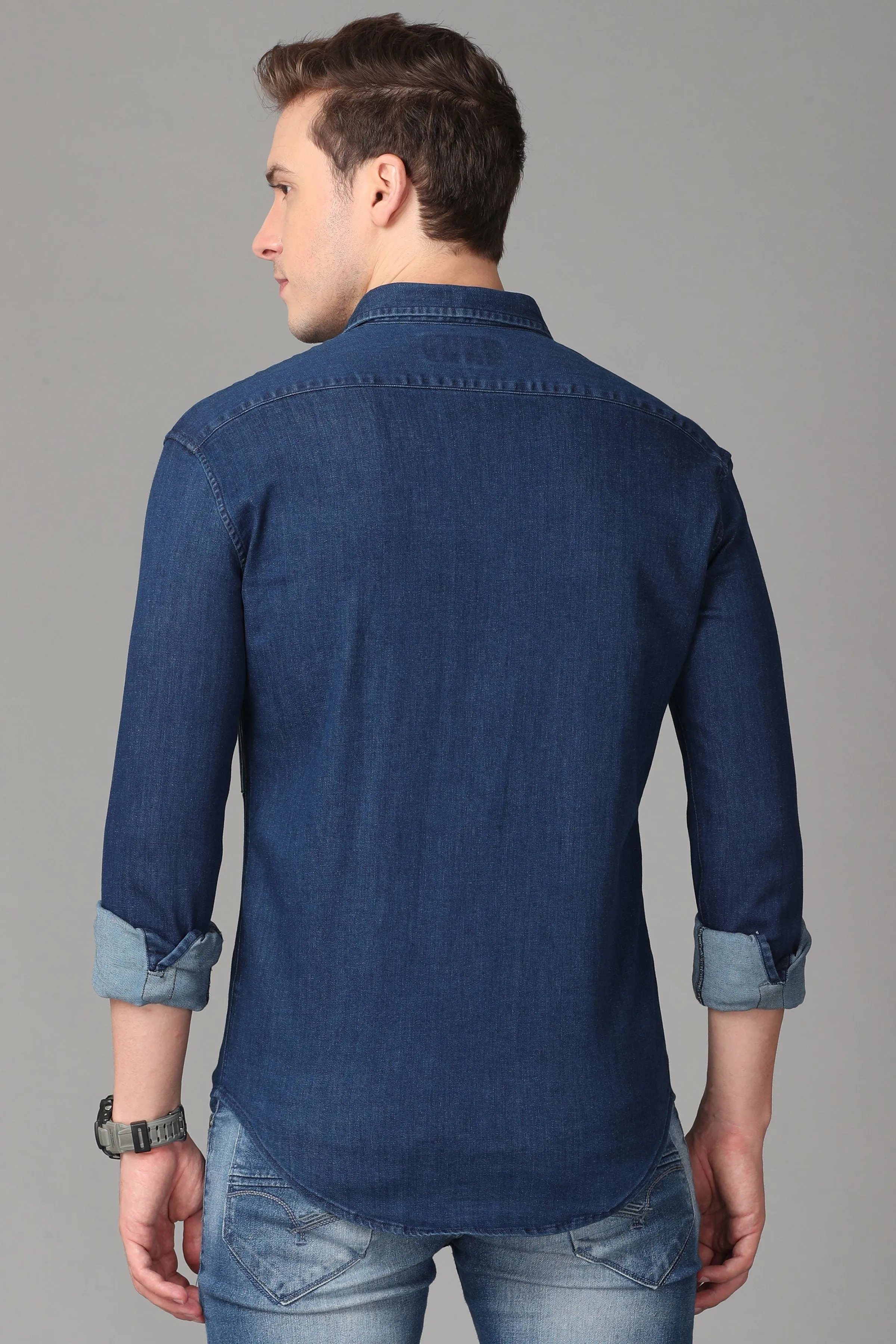 Blue and Grey Denim Shirt - Blue Pocket