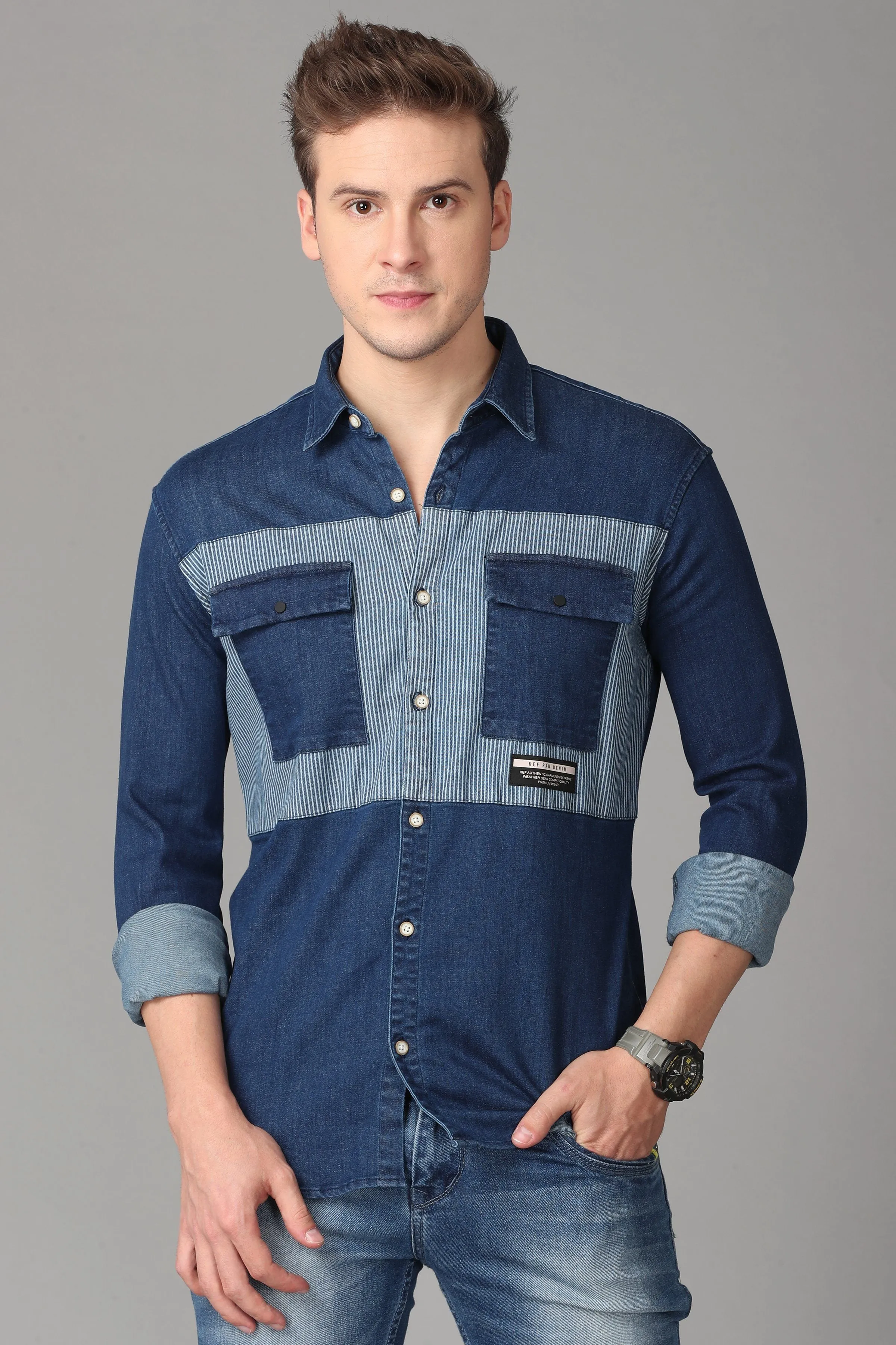 Blue and Grey Denim Shirt - Blue Pocket