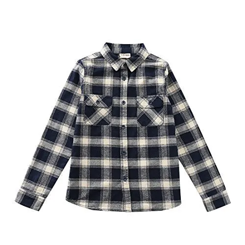 Boy Navy/White/Black/Red Plaid Long Sleeve Flannel Shirts with Pockets