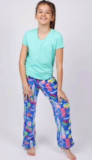 Candy Pink Fleece Pajama Bottoms in Travel Pattern