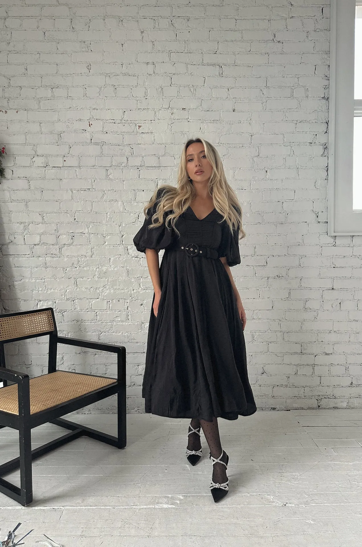 Charlotte Black Puff Sleeve Midi Dress