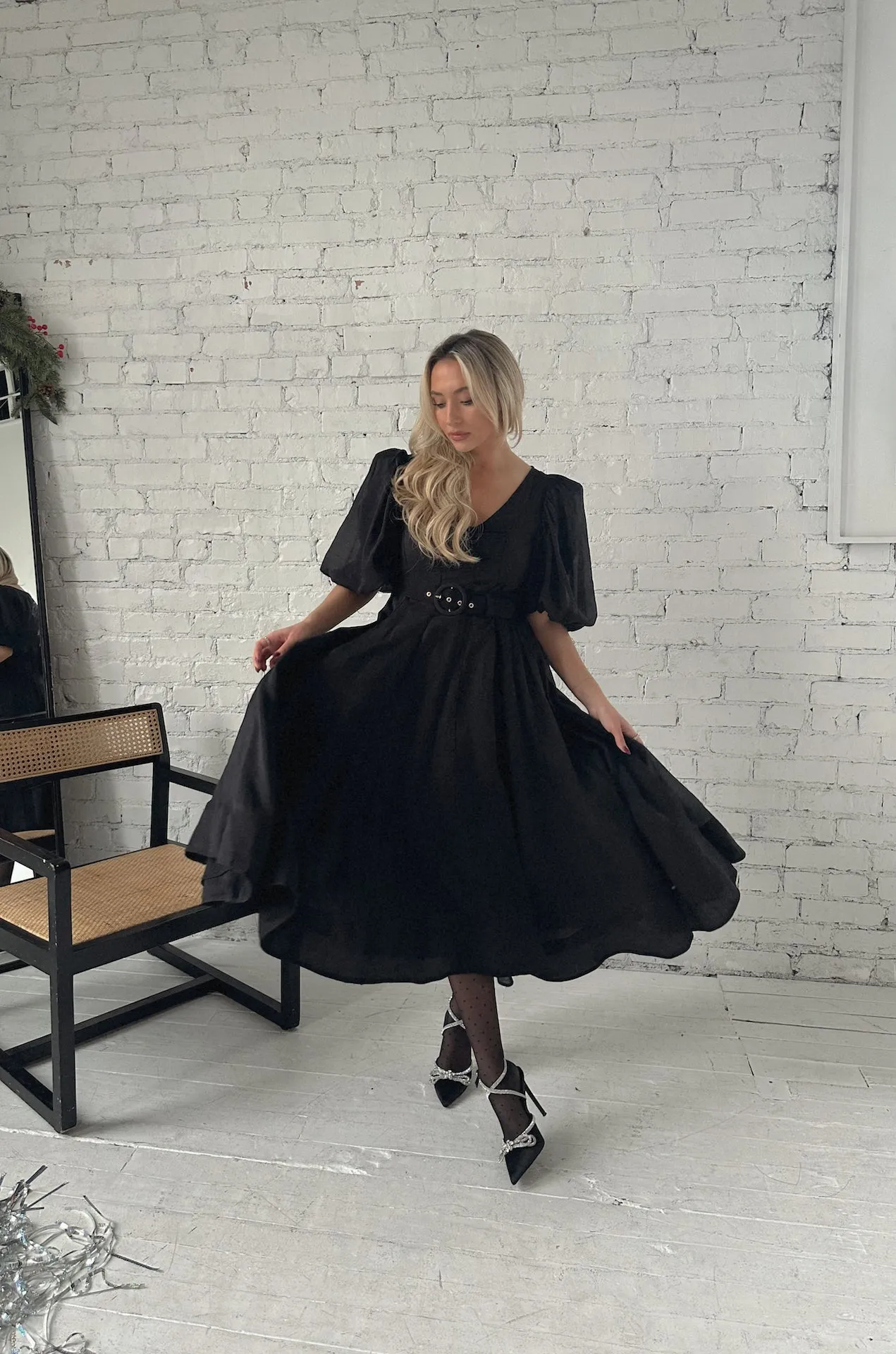 Charlotte Black Puff Sleeve Midi Dress