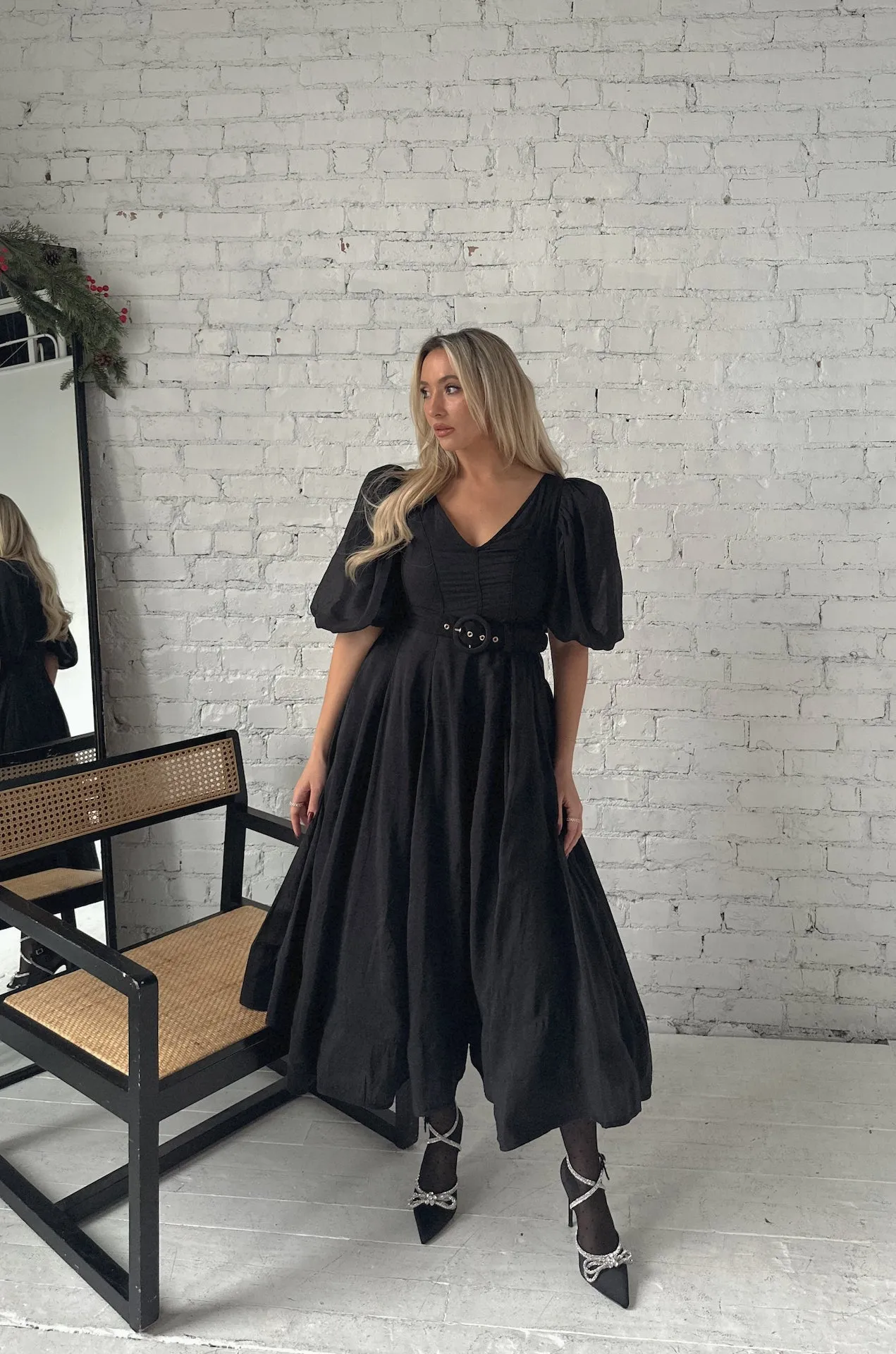 Charlotte Black Puff Sleeve Midi Dress