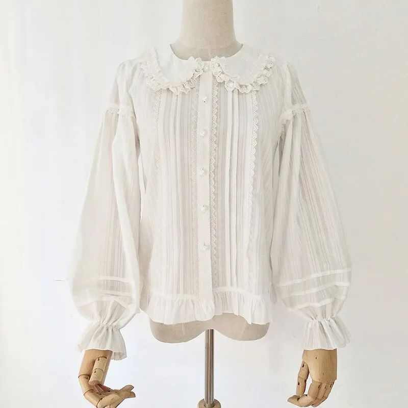 Cotton Lolita Shirt Peter Pan Collar Fleeced Long Sleeve Blouse for Women