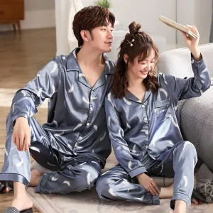 Couple Ice Silk Long-Sleeved Thin Silk Pajamas