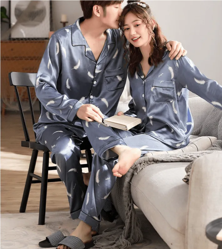 Couple Ice Silk Long-Sleeved Thin Silk Pajamas