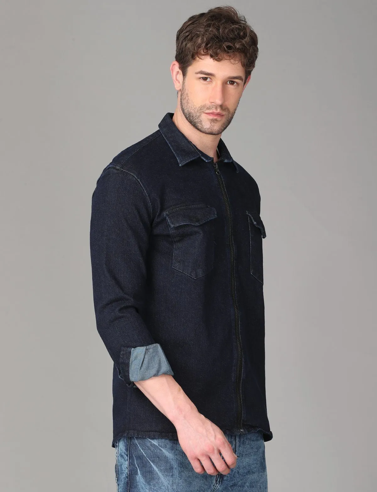 Deep Blue Denim Zipper Jacket