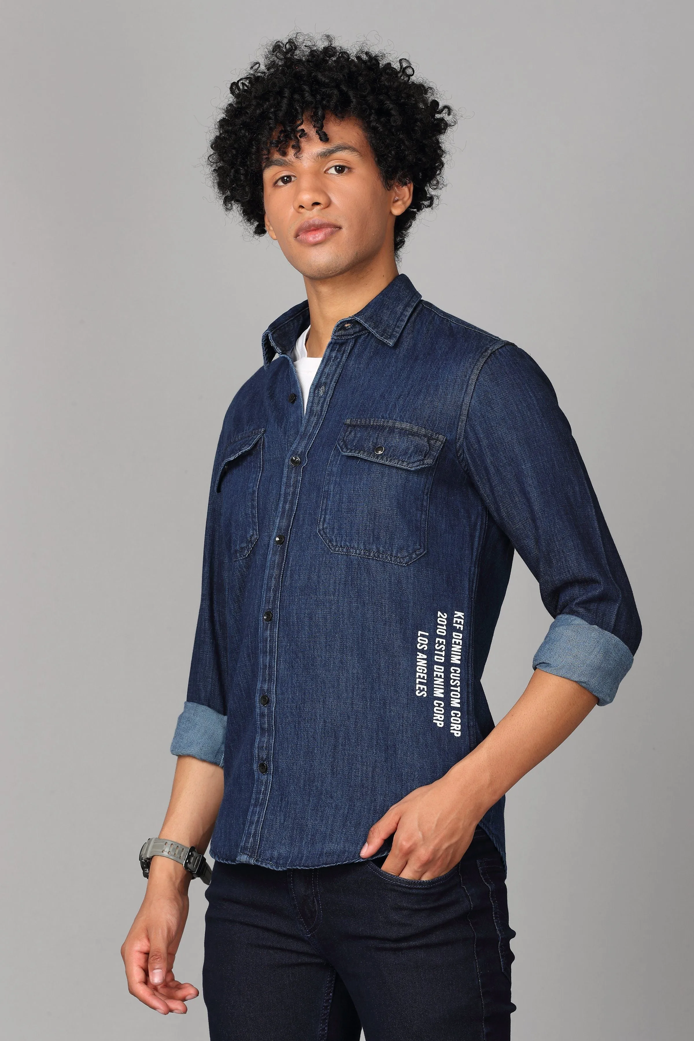 Double Pocket Printed Dark Blue Denim Shirt