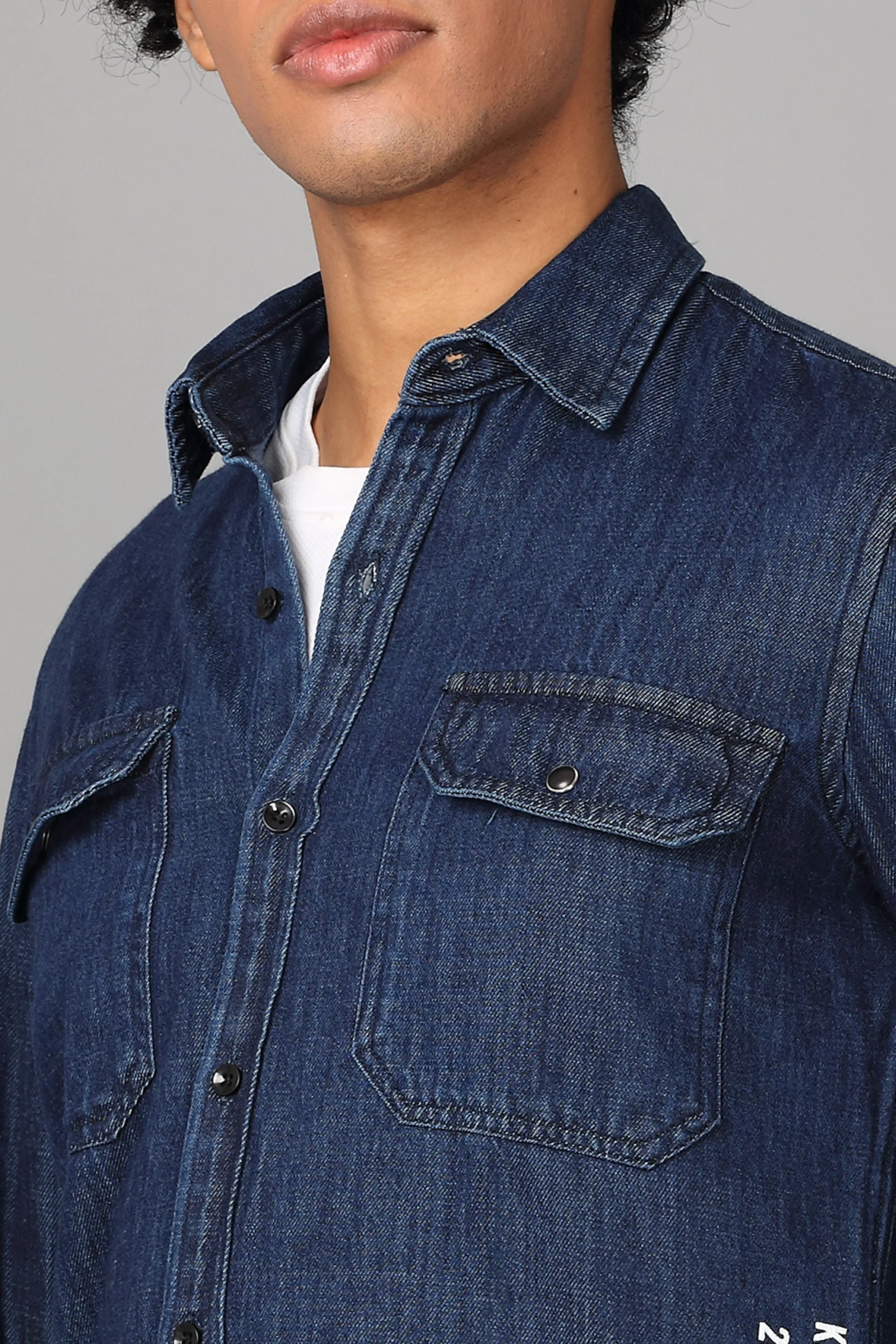 Double Pocket Printed Dark Blue Denim Shirt