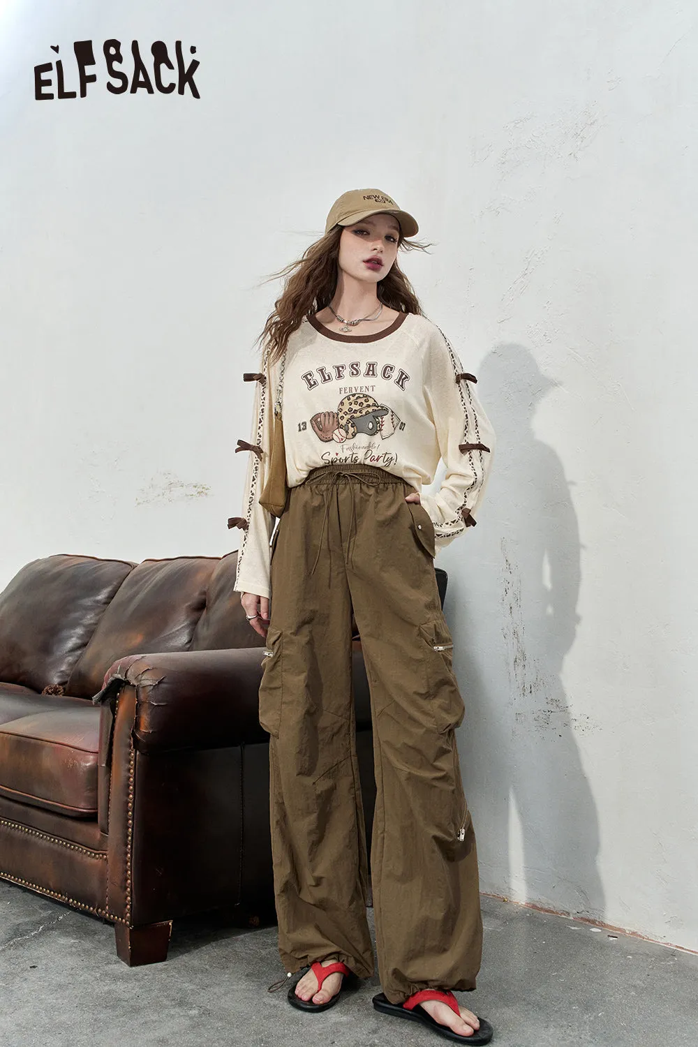 ELFSACK 2024 Summer New Arrivals Retro workwear casual pants for women, loose and thin fit, leg tied pants