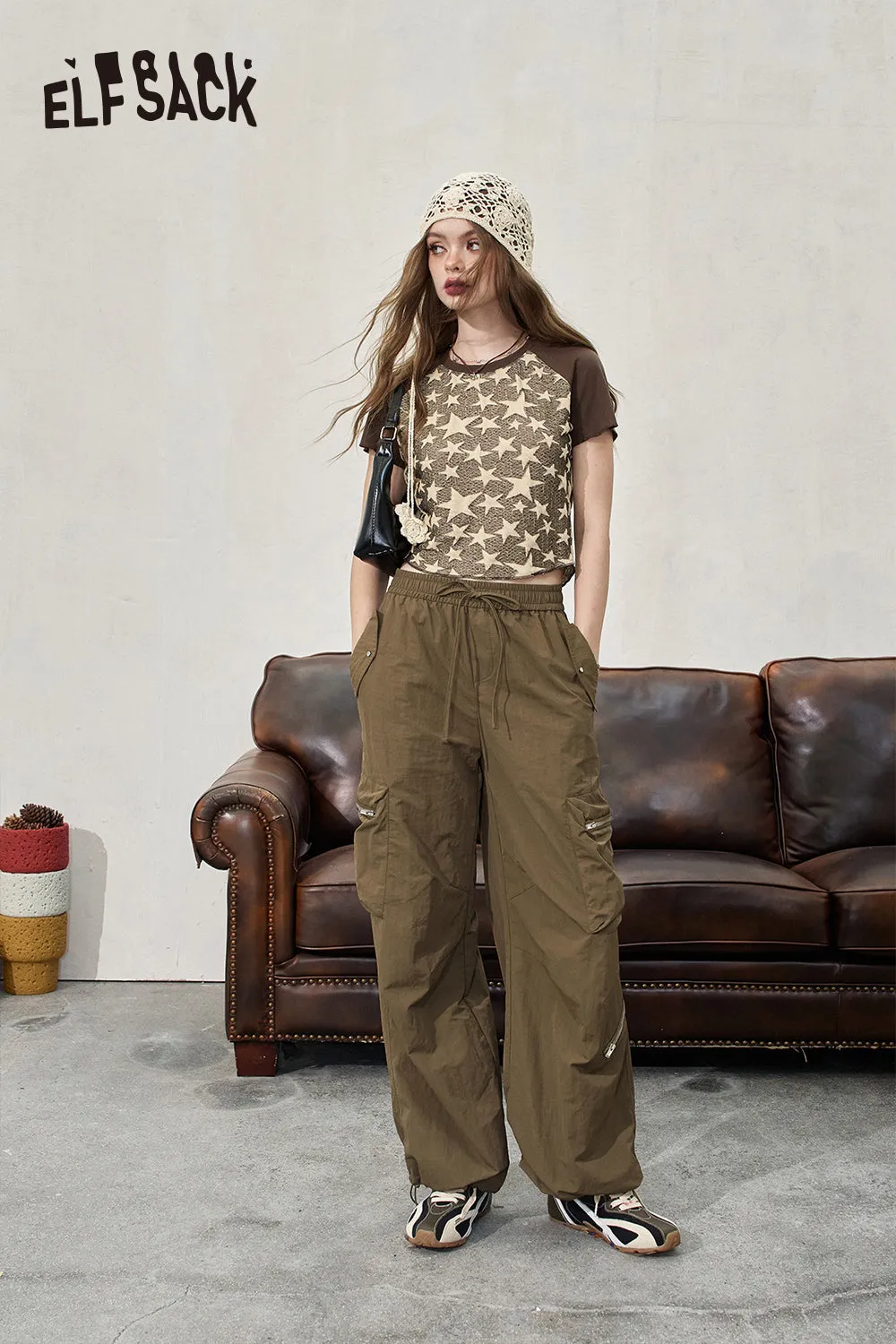 ELFSACK 2024 Summer New Arrivals Retro workwear casual pants for women, loose and thin fit, leg tied pants