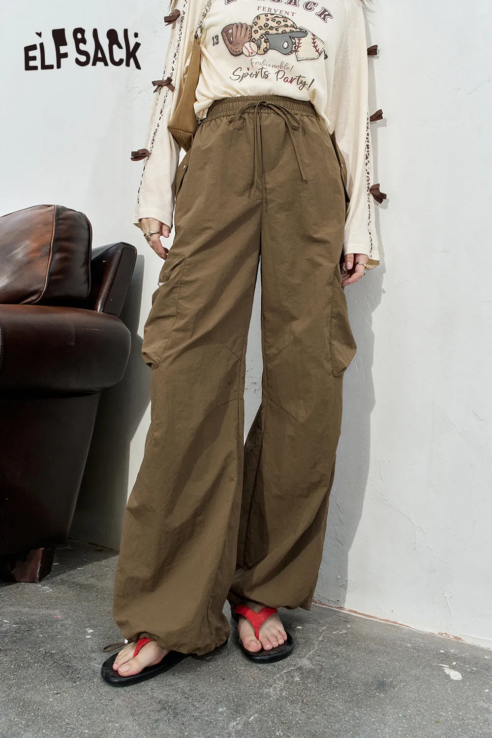 ELFSACK 2024 Summer New Arrivals Retro workwear casual pants for women, loose and thin fit, leg tied pants