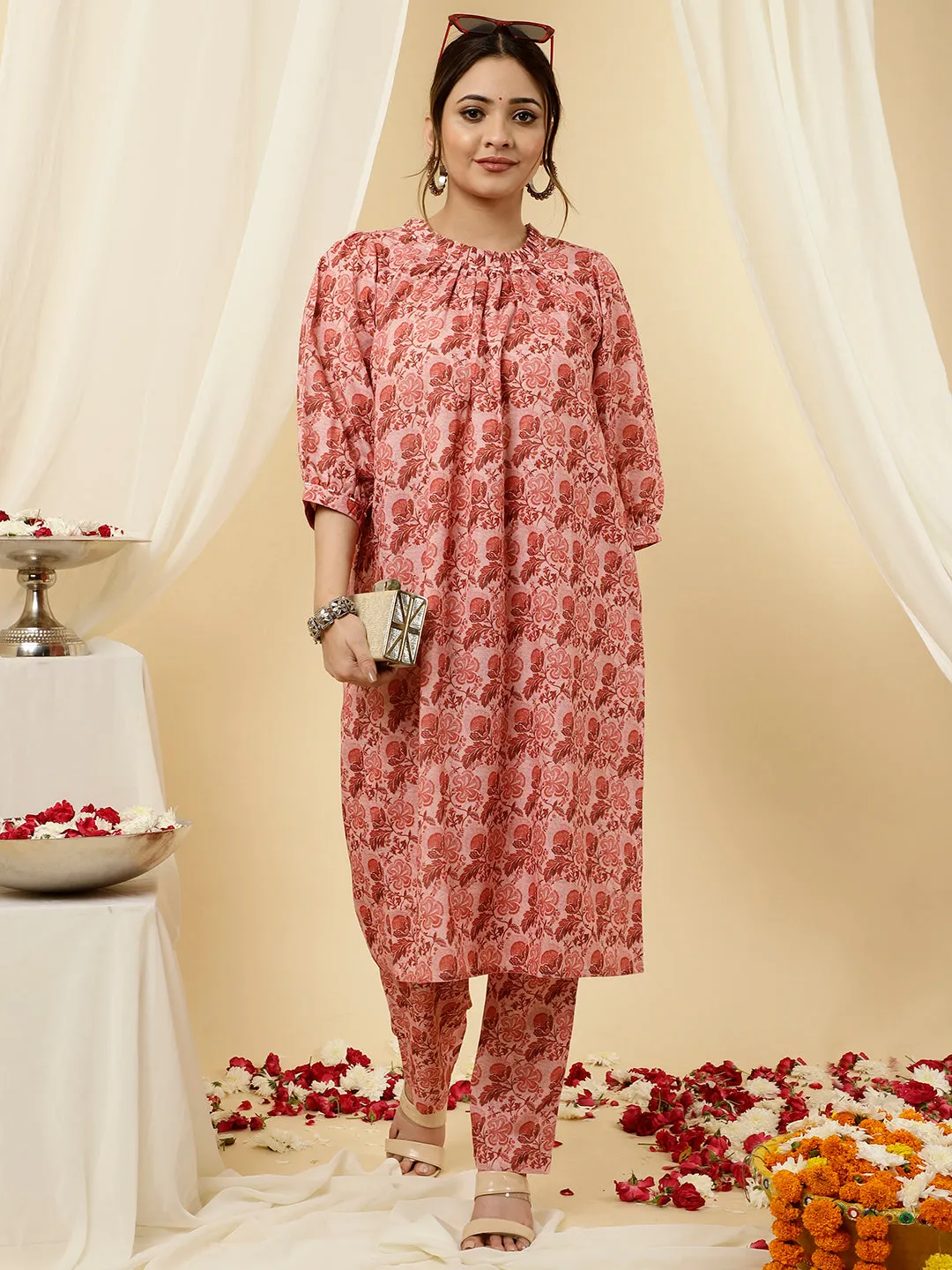 Floral Peach Loose Fit Kurta with Pants