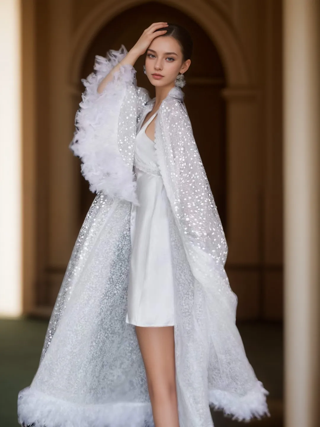 Full Goose Feather sequin mesh long robe dress white ivory