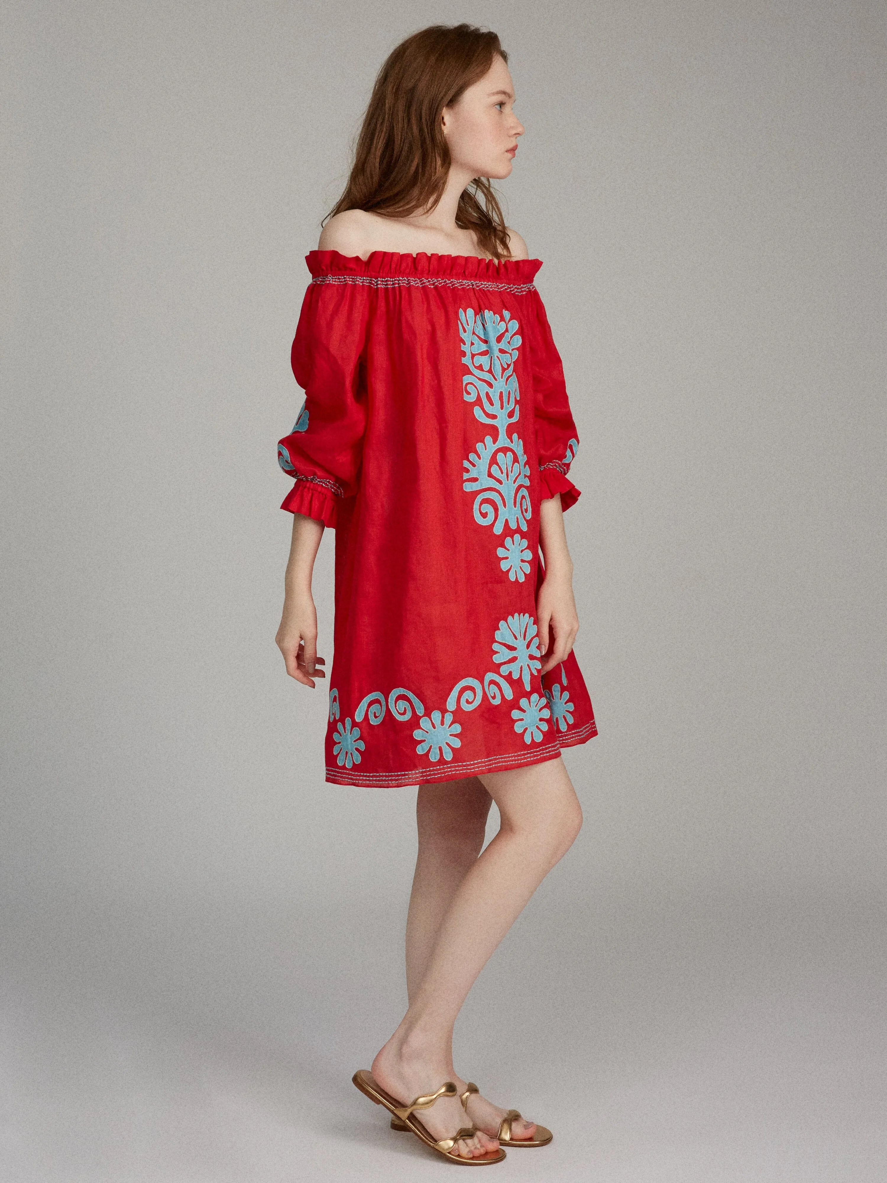 Gaby Short Dress in Cherry Red with Sky Embroidery