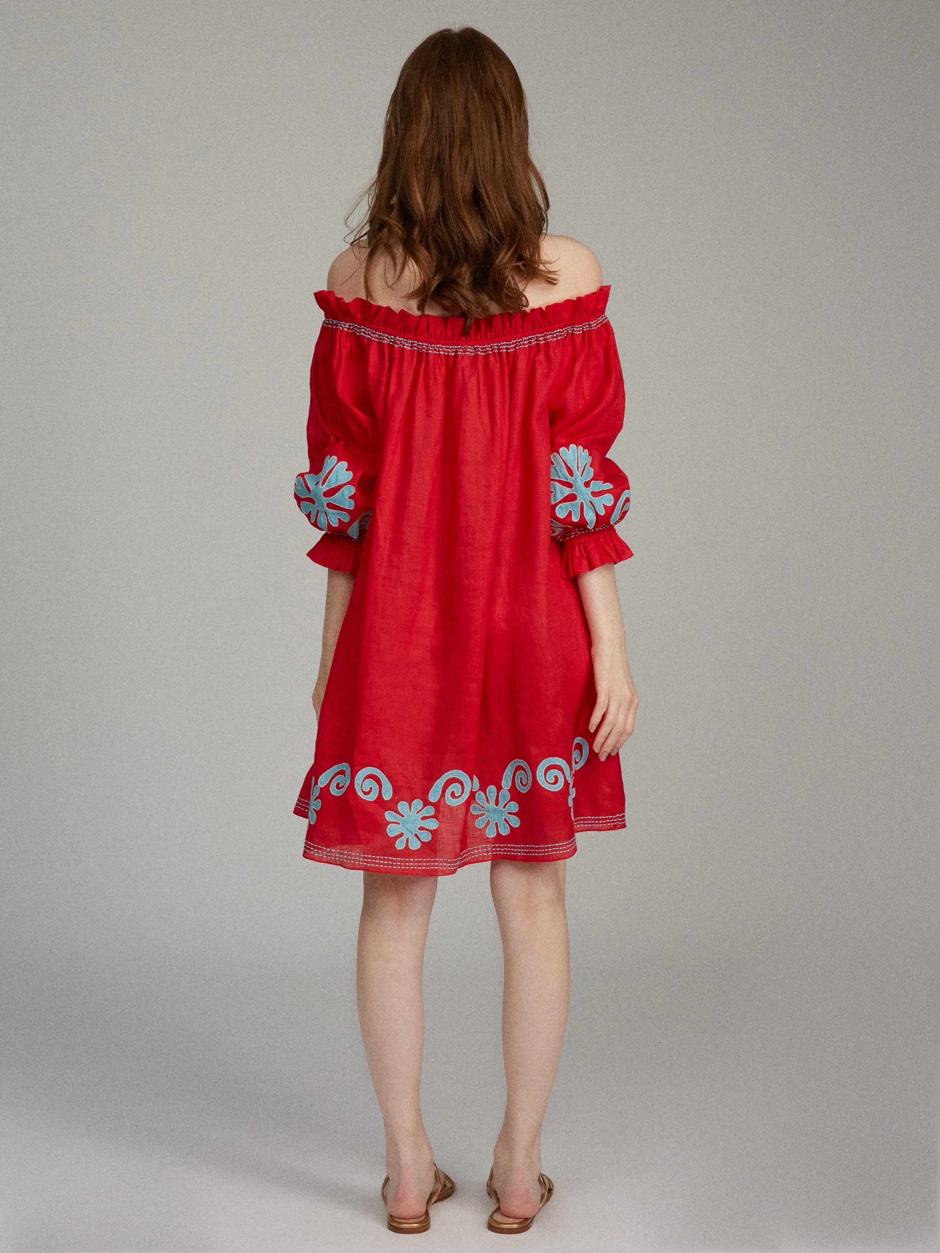 Gaby Short Dress in Cherry Red with Sky Embroidery