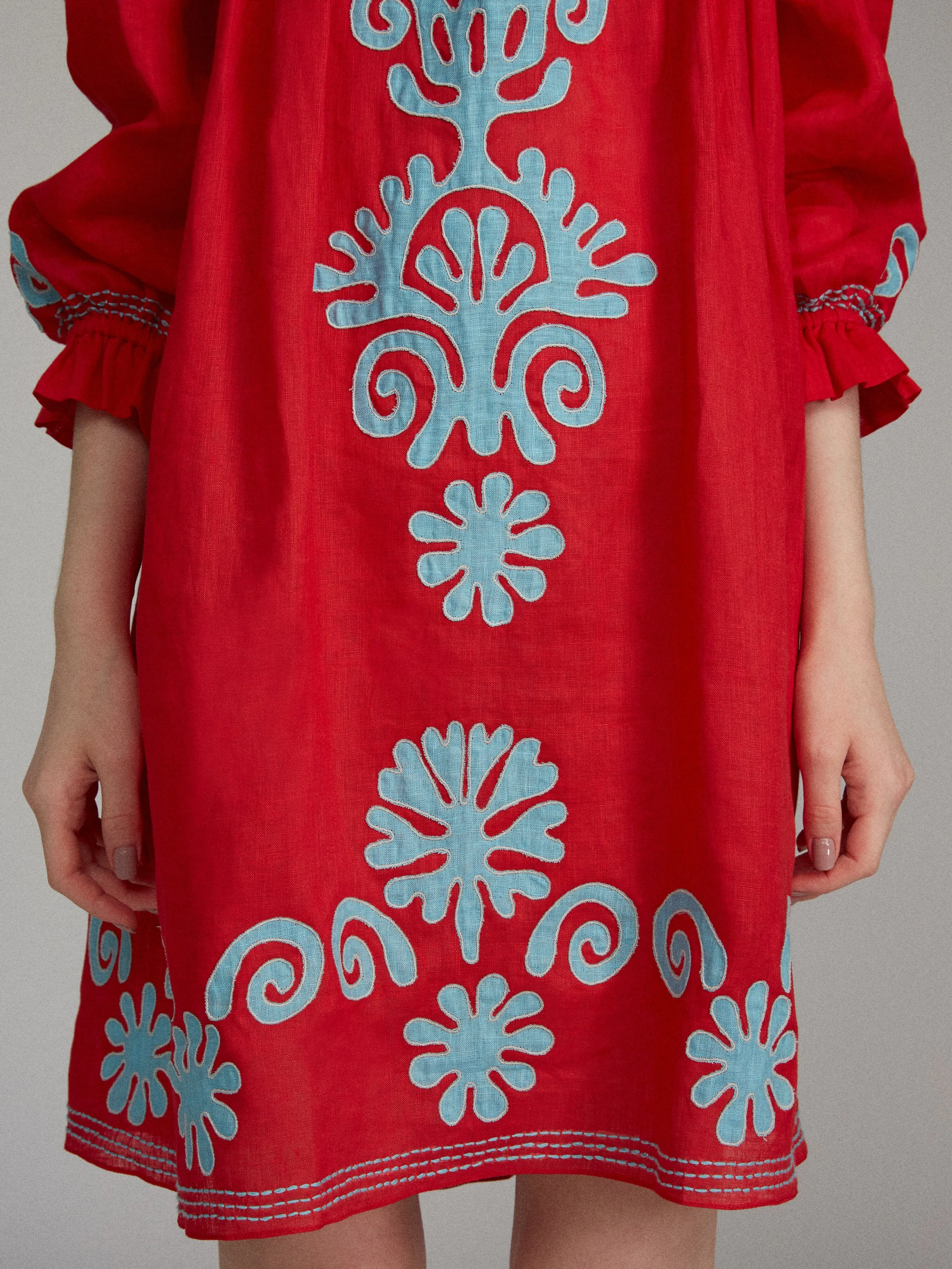 Gaby Short Dress in Cherry Red with Sky Embroidery