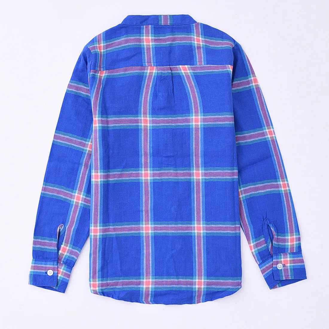 Girl Mandarin Collar Long Sleeve Blue/pink Plaid Shirt