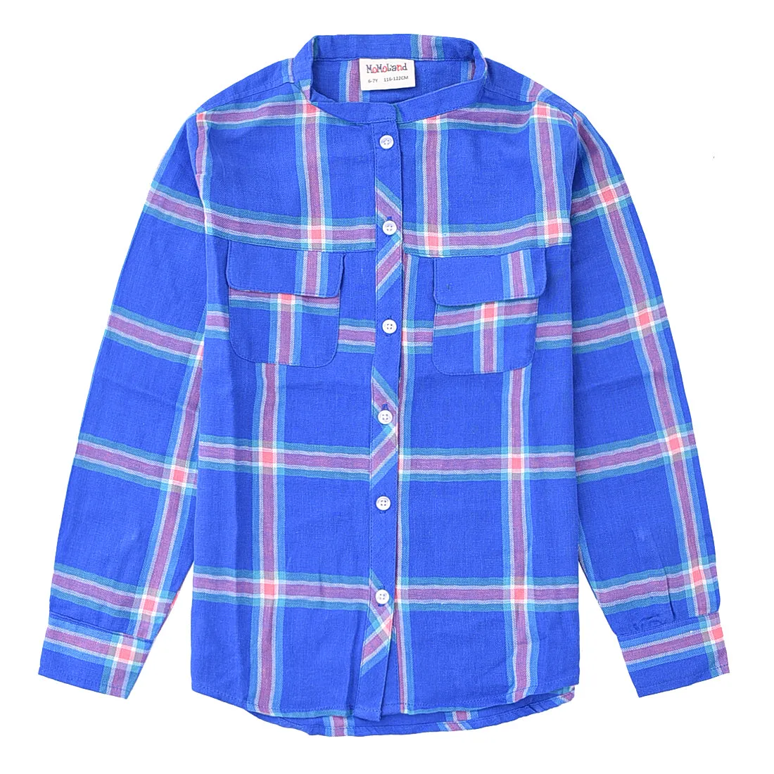 Girl Mandarin Collar Long Sleeve Blue/pink Plaid Shirt