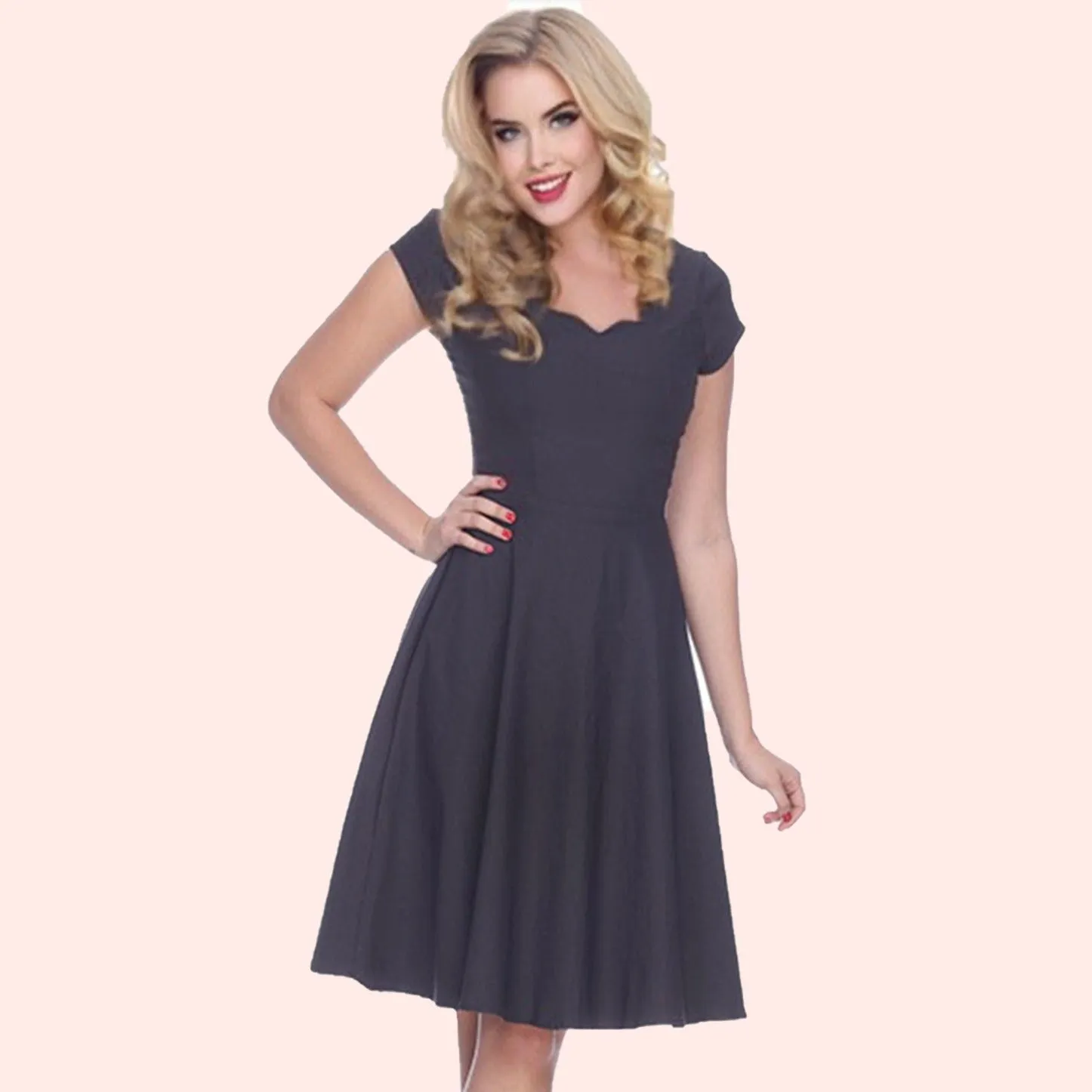 Glenda Scalloped Neck Swing Dress in Charcoal