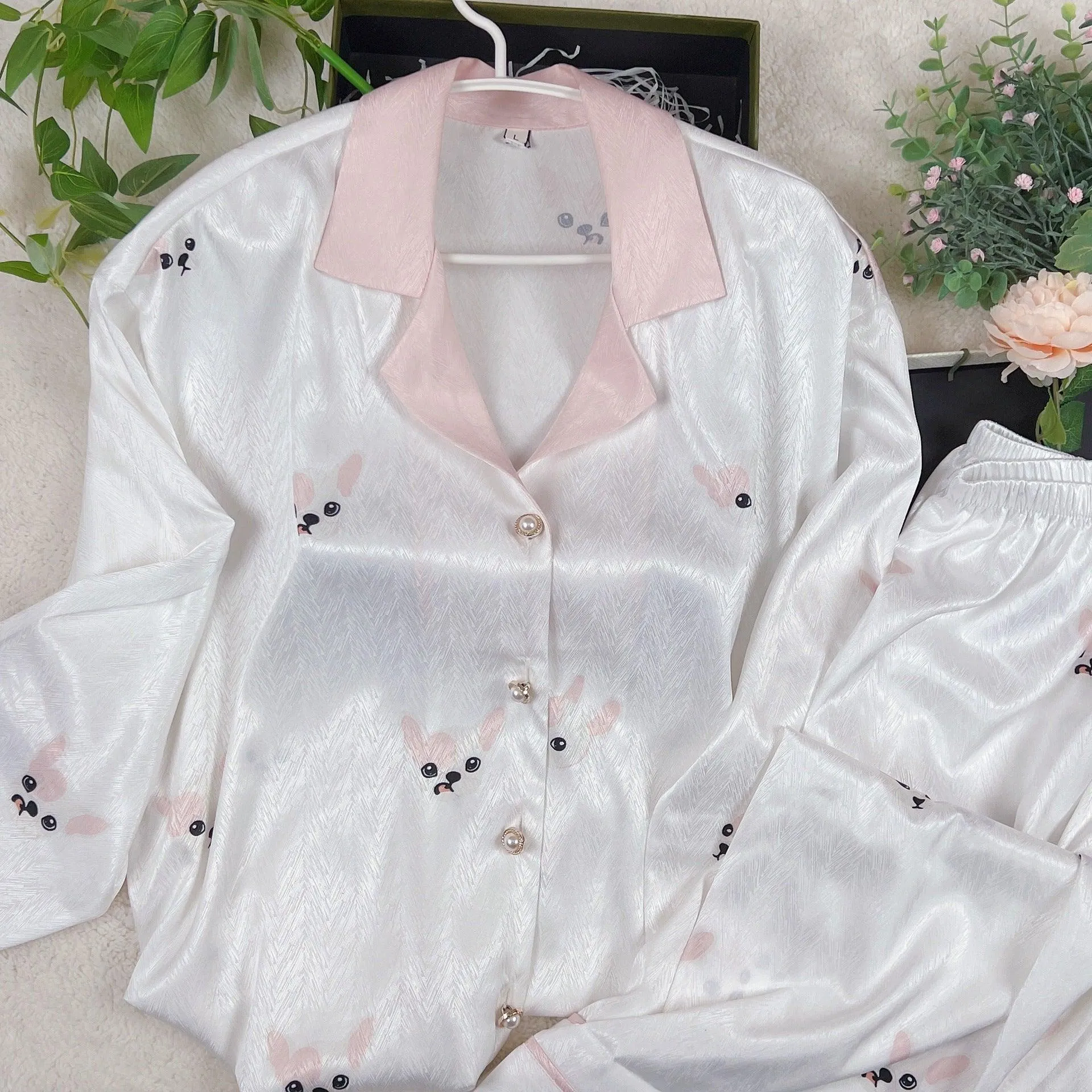 Ice Silk Pajamas Long Sleeve Simple Homewear Suit