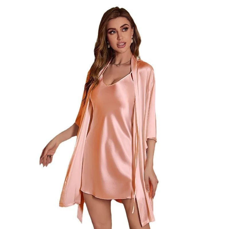 Ice Silk Pajamas with Summer Robe Two-piece