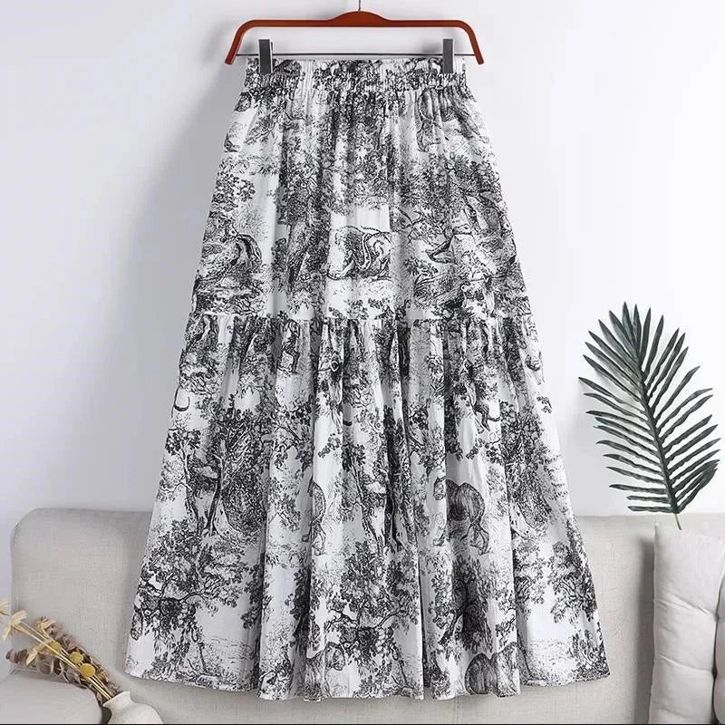 Ink Painting Printed A-Line Skirts New Spring Summer Elastic High Waist Mid-Calf Skirts Female Casual Holiday Jupe Faldas T931