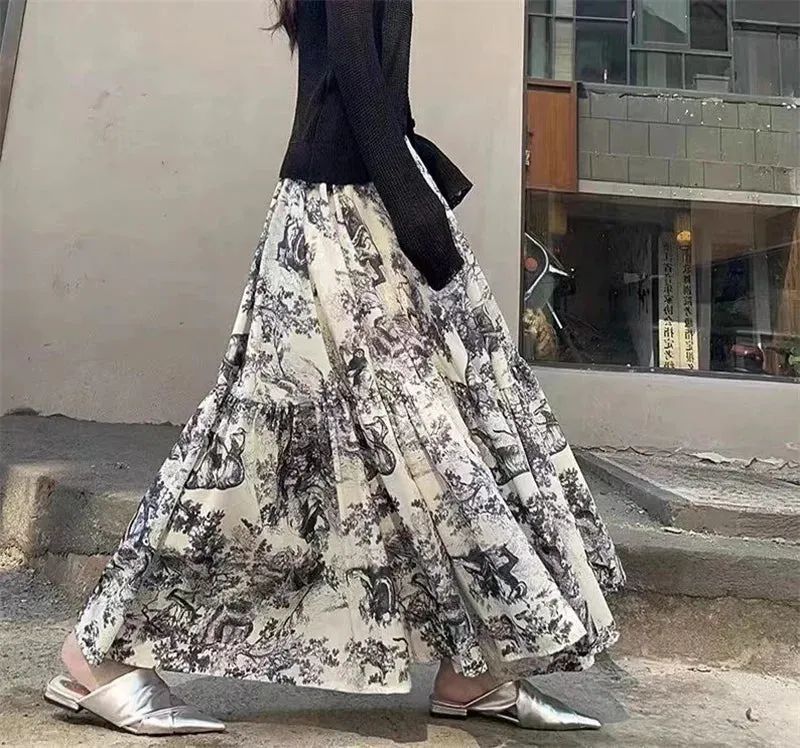 Ink Painting Printed A-Line Skirts New Spring Summer Elastic High Waist Mid-Calf Skirts Female Casual Holiday Jupe Faldas T931