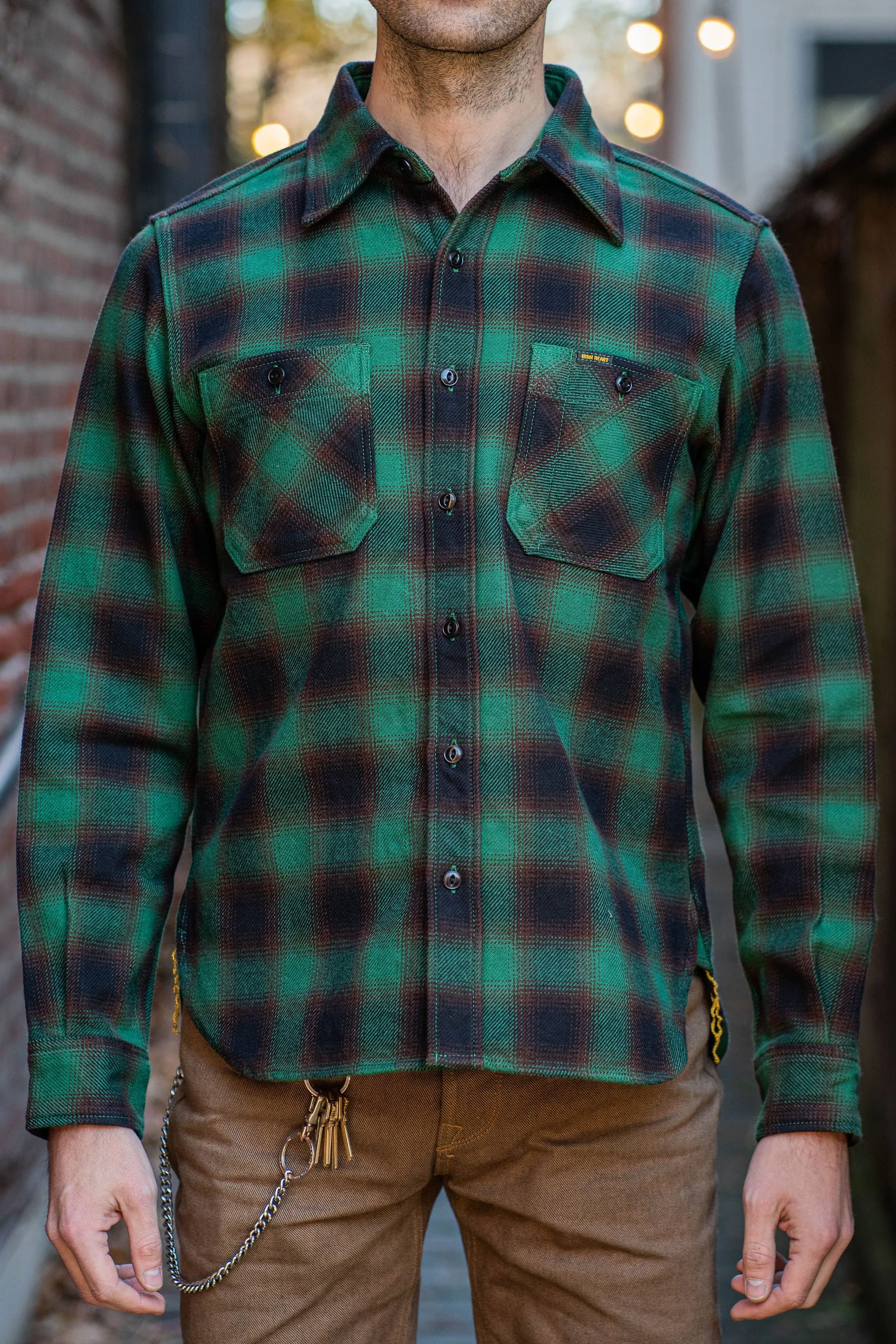 Iron Heart IHSH-379-GRN - Ultra Heavy Flannel Ombré Check Work Shirt - Green