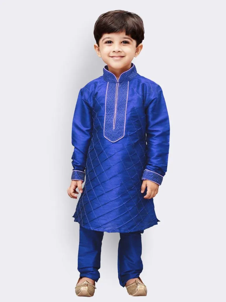 Jashvi Boys' Blue Cotton Silk Kurta and Pyjama Set