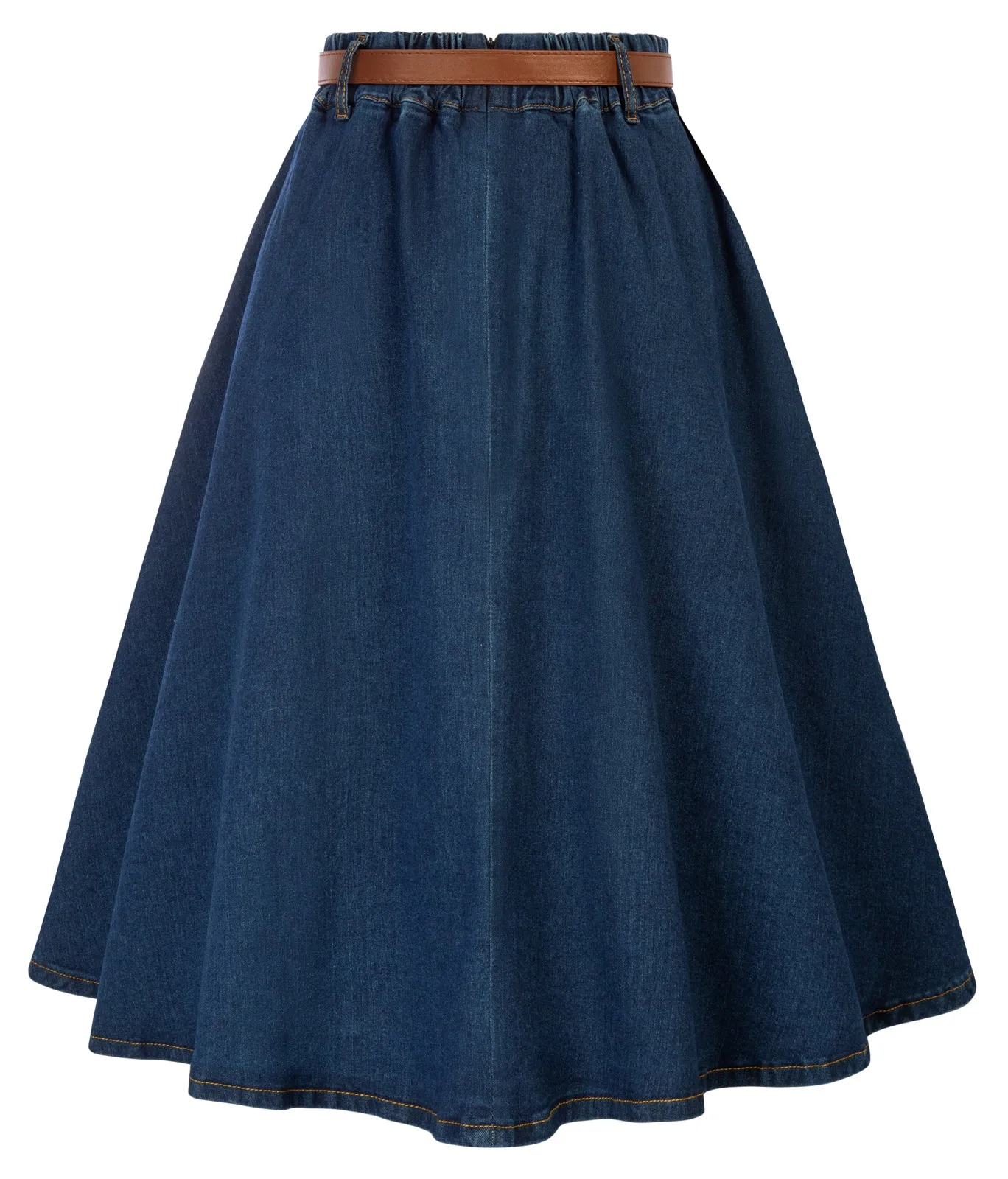 Jean Skirt with Belt Elastic High Waist A-Line Midi Skirt