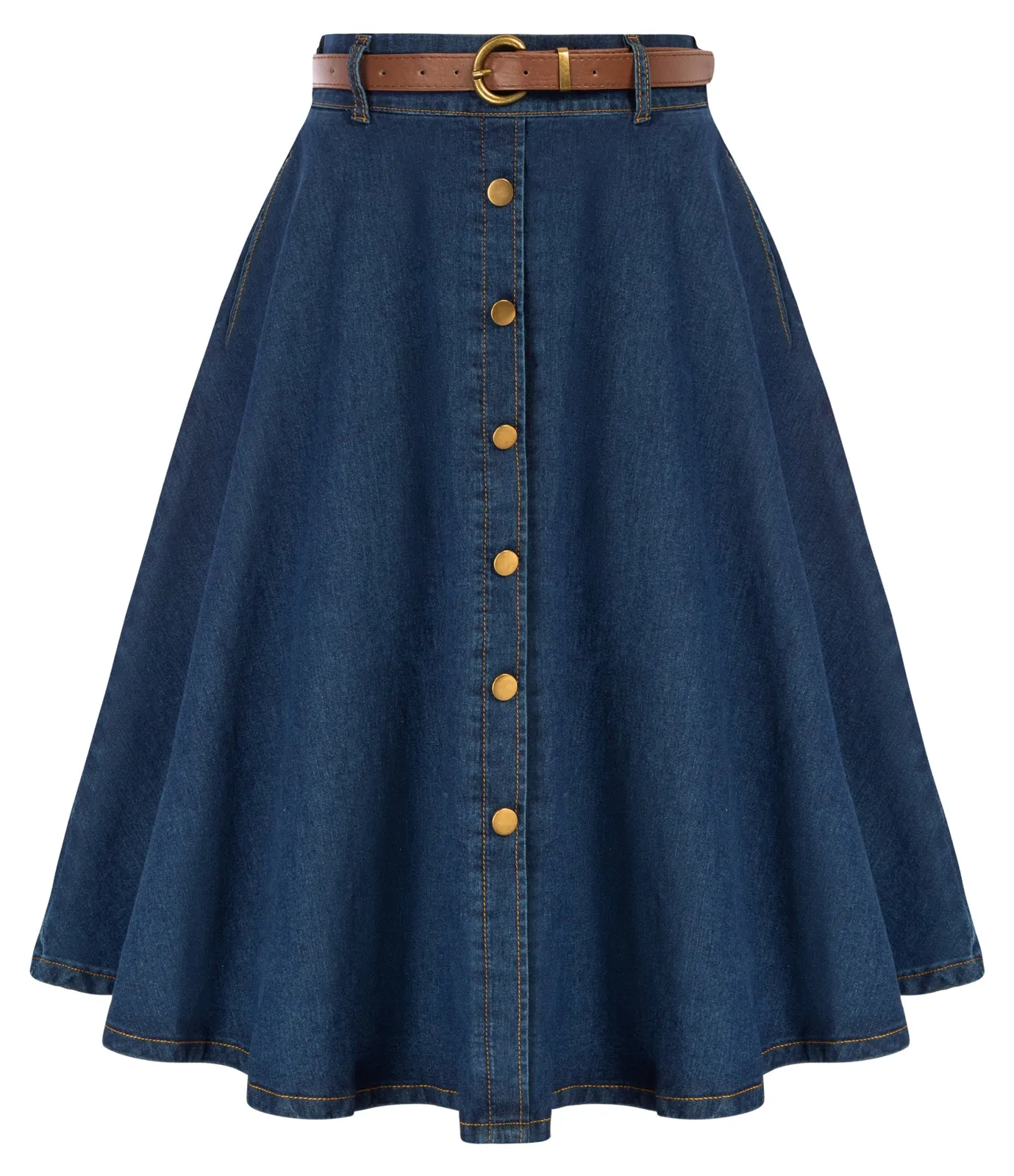 Jean Skirt with Belt Elastic High Waist A-Line Midi Skirt