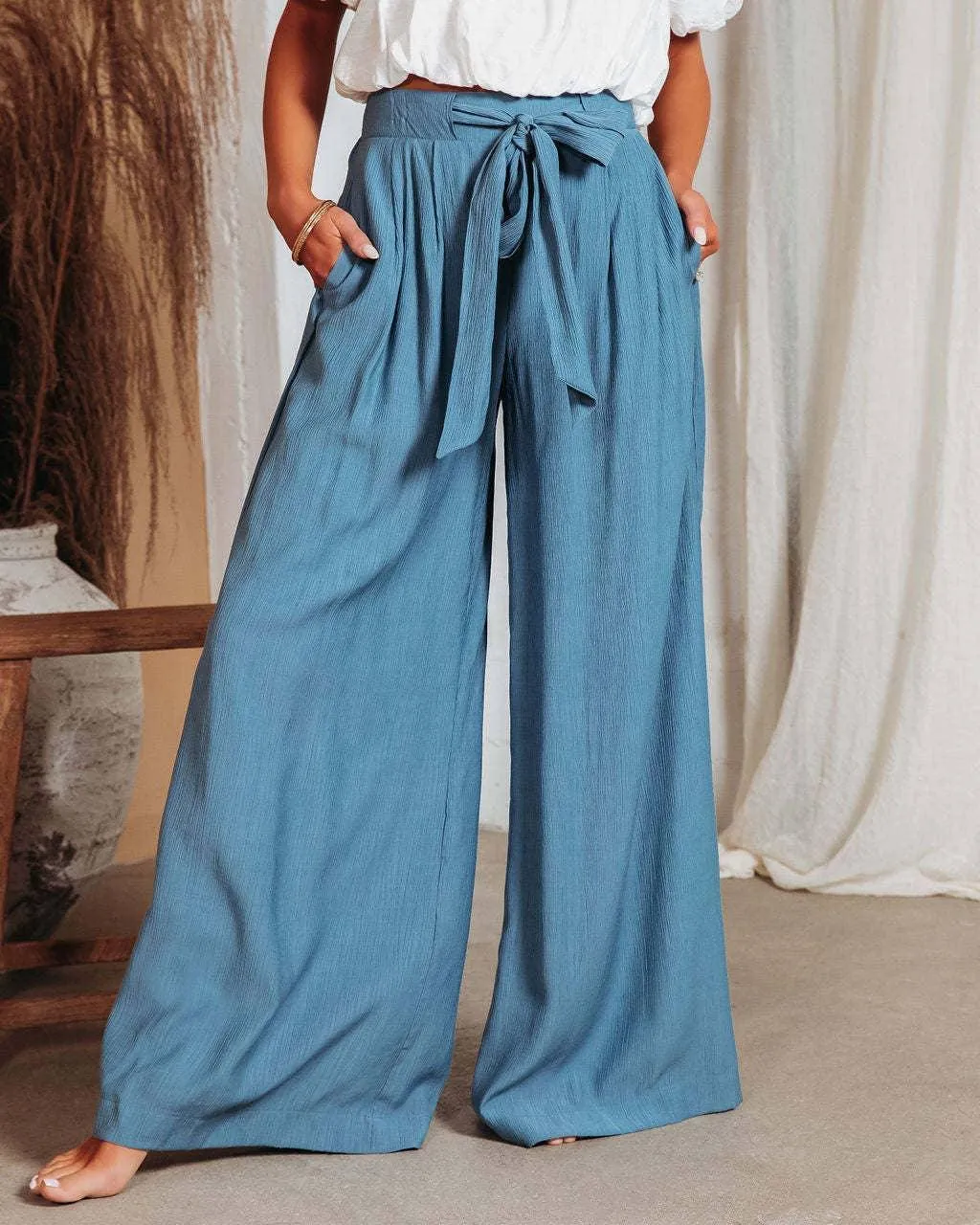 Ladies Solid Color High Waist Wide Leg Pants RX6607