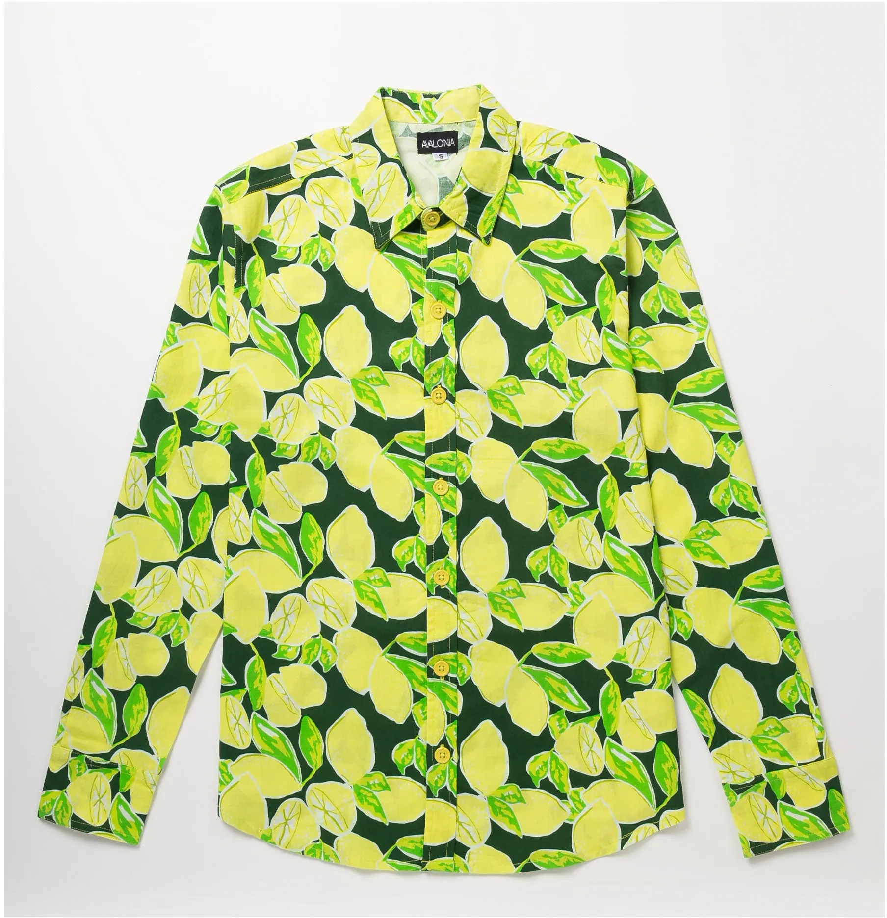 Lemon Yellow Print Cotton Slim Fit Mens Shirt Long Sleeve