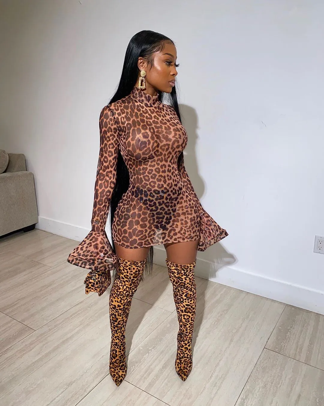 Leopard Printed Long Flare Sleeve Mini Dress