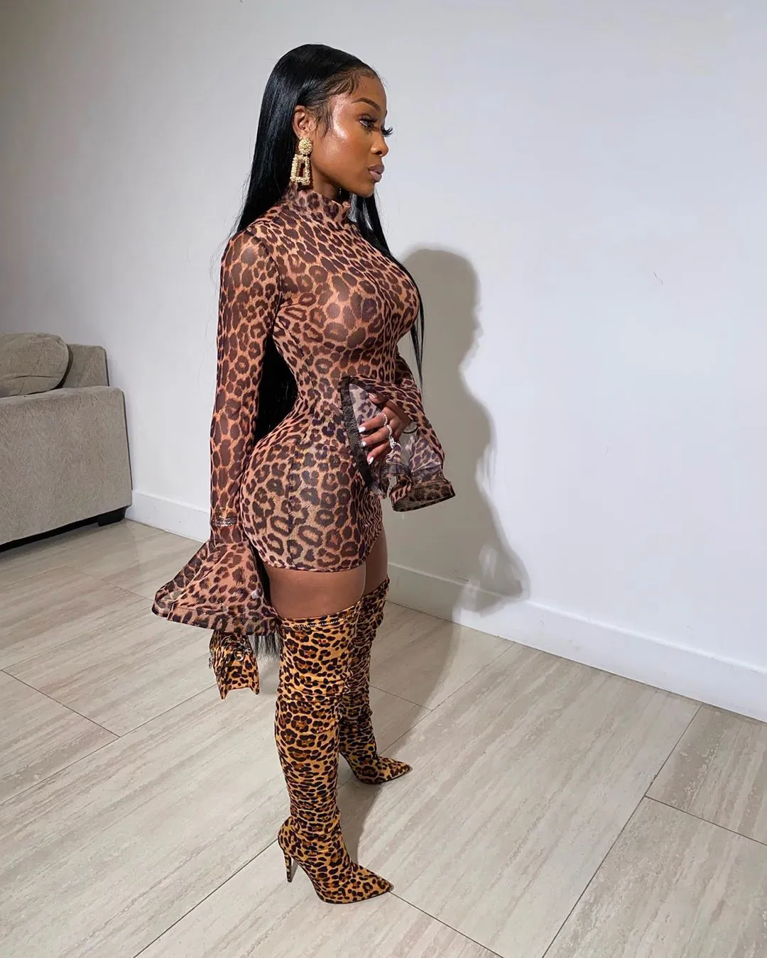 Leopard Printed Long Flare Sleeve Mini Dress