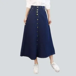 Long a-line buttoned denim skirt